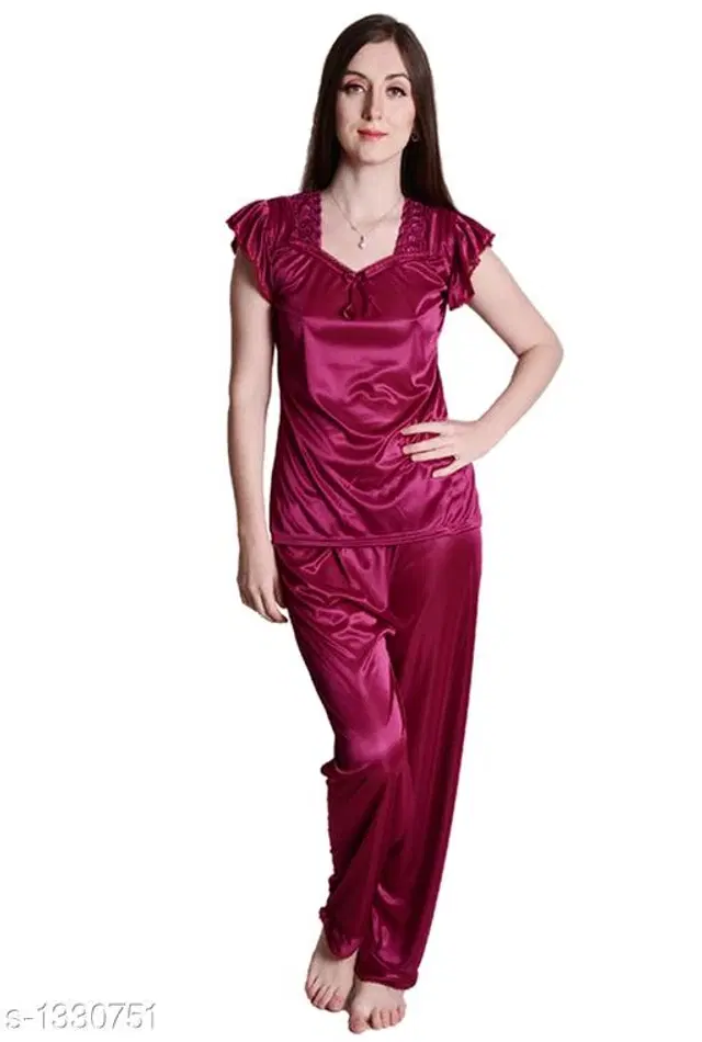 Satin Nightsuit Set for Women (Purple, L)