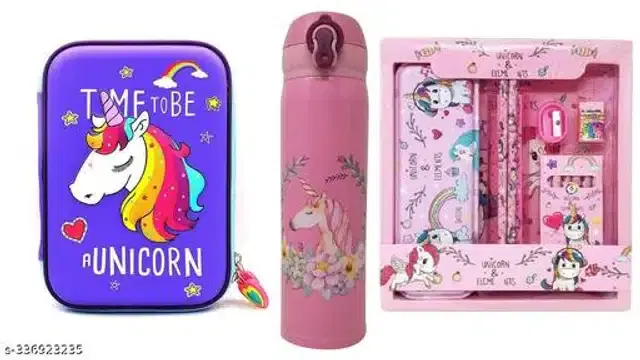 Unicorn Theme Pencil Case with Stationery Kit & Water Bottle, 500 ml, Blue & Pink, Set of 3