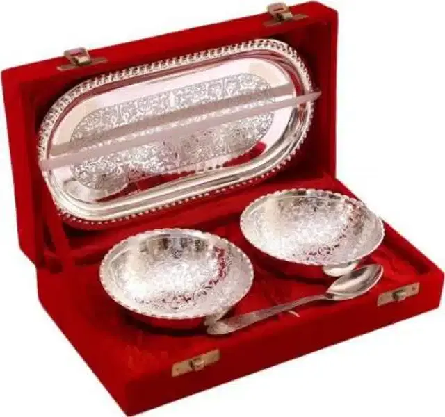 Brass Bowls, 2 Pcs with 2 Pcs Spoons & Serving Tray, Silver, Set of 1