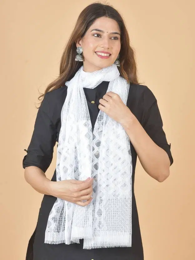 Net Solid Dupatta for Women, White