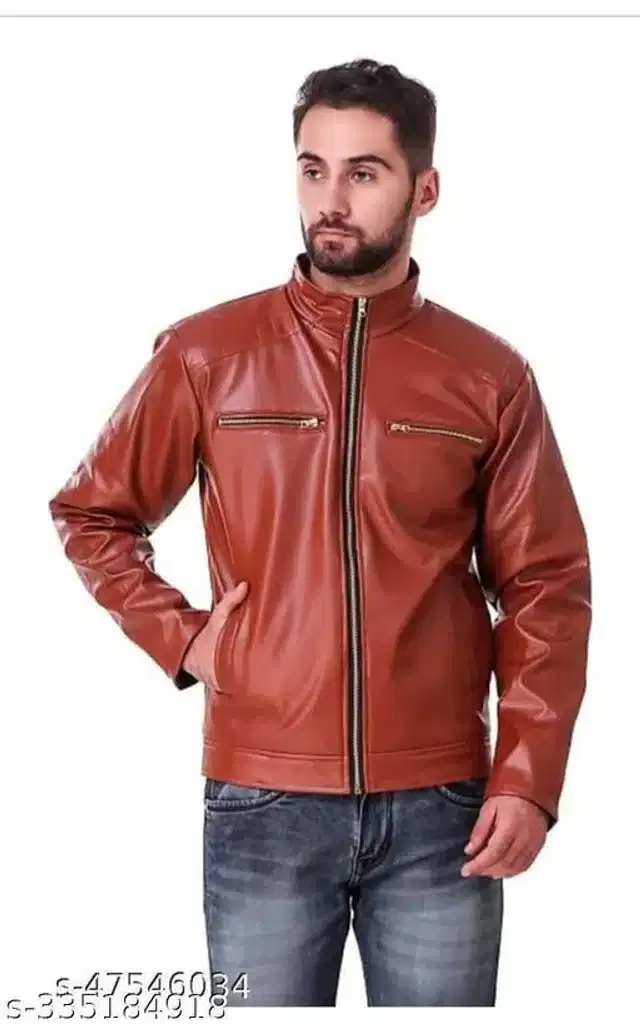 Synthetic Leather Full Sleeves Solid Jacket for Men (Brown, M)