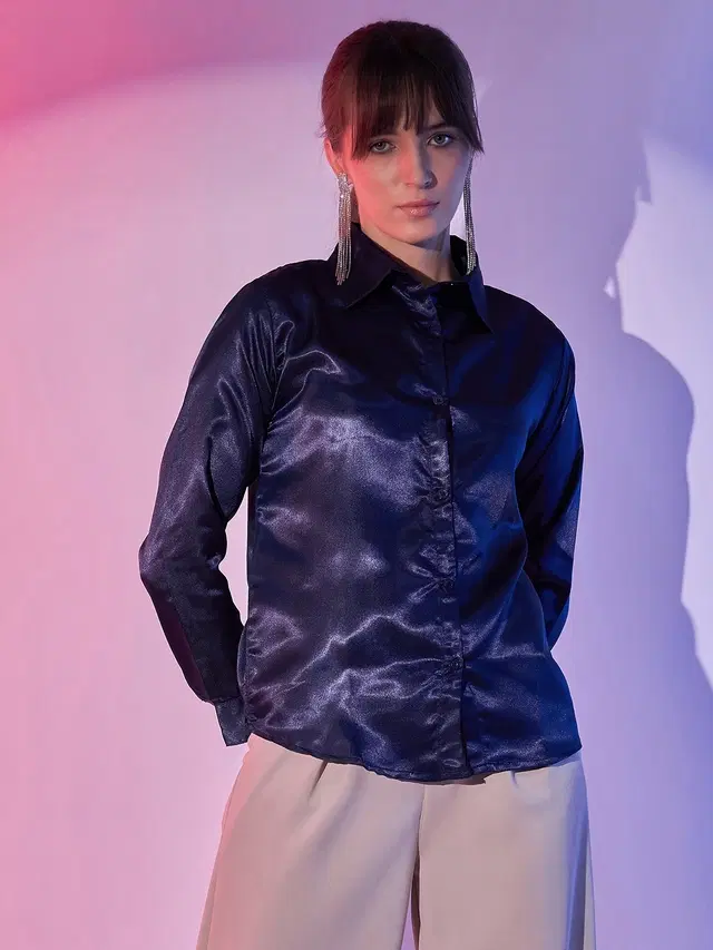 Full Sleeves Solid Shirt for Women (Navy Blue, S)