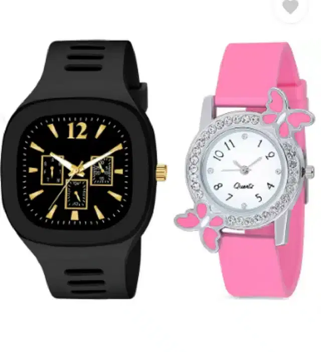 Couple Analog Watches, Pack of 2 (Black & Pink)