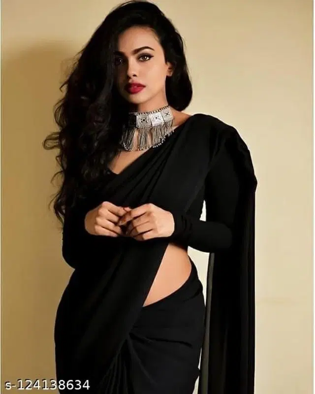 Georgette Solid Saree for Women (Black, 6.3 m)