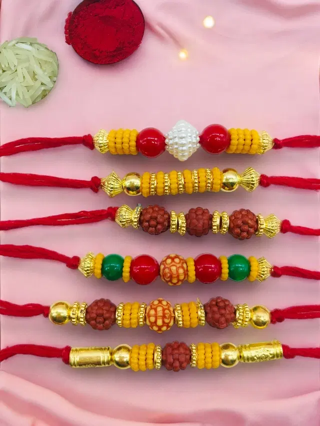 Handmade Designer Rakhi with Roli Chawal, Multicolor, Pack of 6