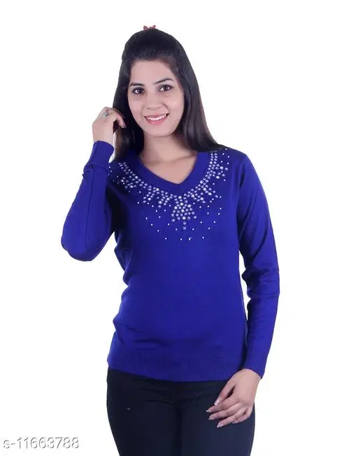 Acrylic Embellished Sweater for Women (Blue, M)