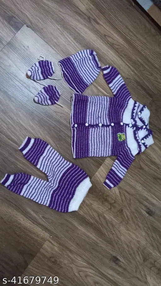 Acrylic Striped Clothing Set for Girls, Set of 1 (Purple & White, 0-3 Months)