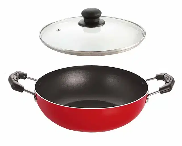Aluminium Kadhai with Glass Lid, Red, 16 cm