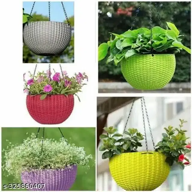 Hanging Flower Pots with Metal Chain, Multicolor, Pack of 5