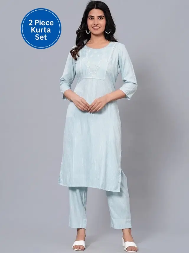 Rayon Printed Women's Kurta with Pant Set, Blue (M)