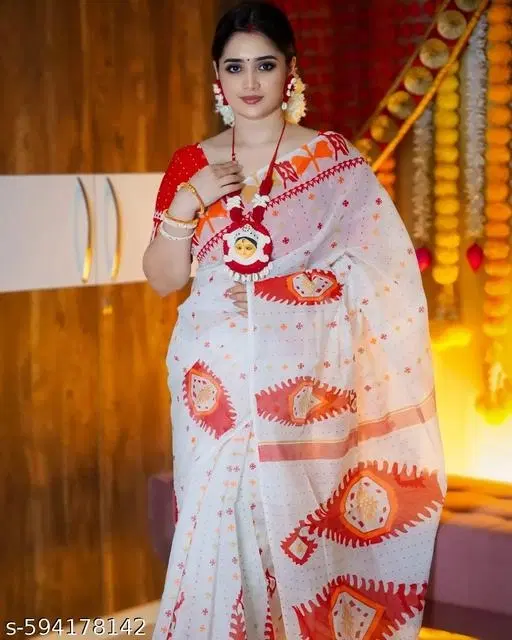 Cotton Lien Printed Saree for Women, White (6.3 M)