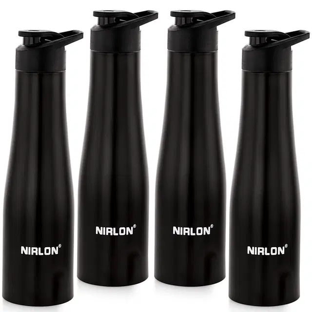 Nirlon Tall Bell Single Wall Stainless Steel Water Bottle 1000Ml, Water Bottles For Fridge, School,Gym,Home,Office,Boys, Girls, Kids, Leak Proof(Black Colour|Sipper Cap|Set Of 4)