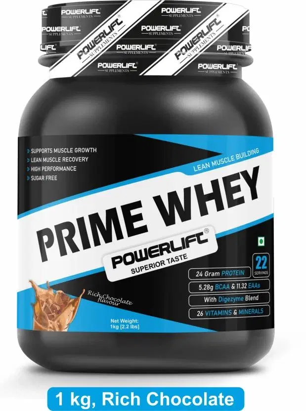POWERLIFT Prime Whey 100% Whey Protein 24g Protein, 5.29g BCAA with Enzymes & Vitamins Whey Protein, 1 kg, Rich Chocolate