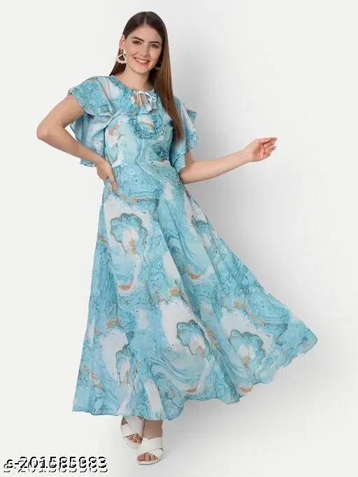 Floral Printed Anarkali Kurti for Women (Blue, S)