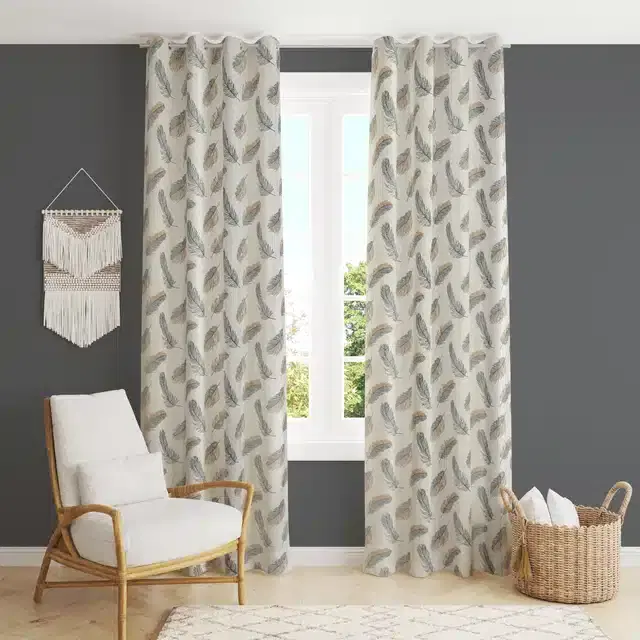 Printed Curtain, Pack of 2, Grey, 5 Feet