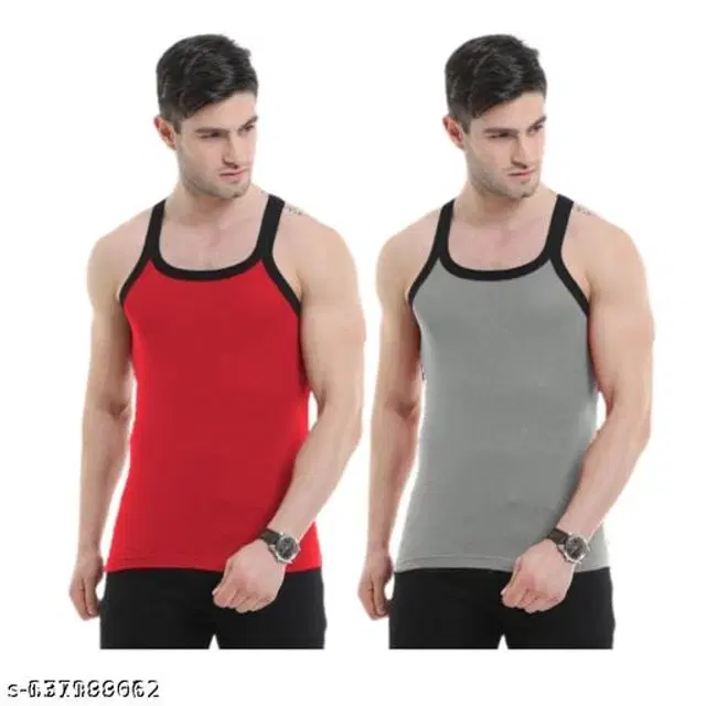 Cotton Vests for Men, Pack of 2 (Red & Grey, L)