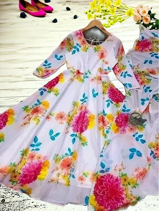 Georgette Printed Gown with Dupatta for Girls (Multicolor, M)
