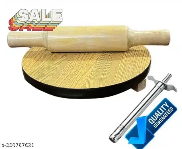 Wooden Chakla with Belan & Gas Lighter, Beige & Silver, Set of 3
