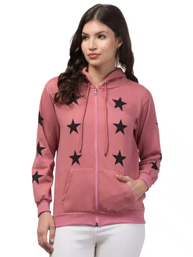 Full Sleeves Printed Hoodie for Women (Pink, M)