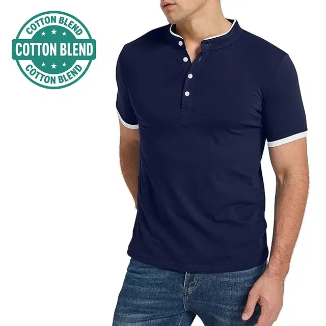 Mandarin Collar Solid T-Shirt for Men, Blue (XL)