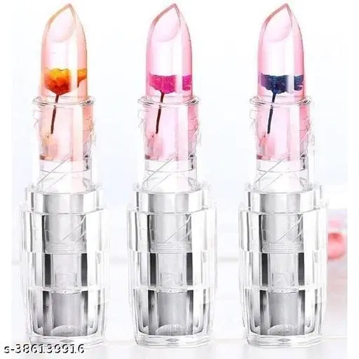 Professional Waterproof Moisturizing Flower Crystal Lipstick Jelly Flower Transparent Color Changing Lip Balm Lipstick For Girls & Women Pack Of 3