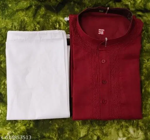 Cotton Solid Kurta Set for Men, White & Maroon (M)