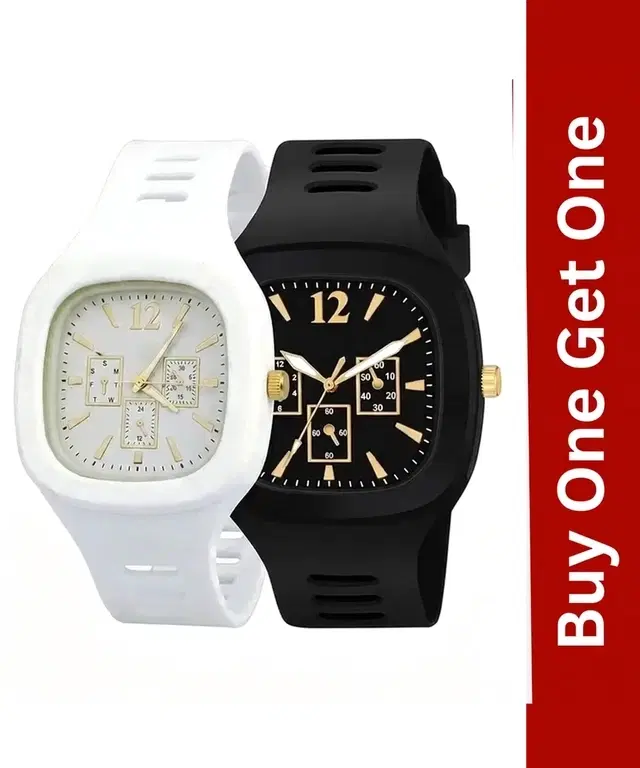 Kids Square Dial Analog Watch, Buy 1 Get 1, Black & White