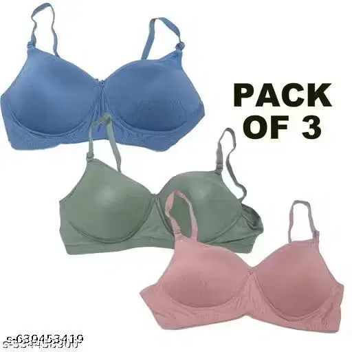 Cotton Solid Bra for Women & Girls, Multicolour, Pack of 3 (28B)
