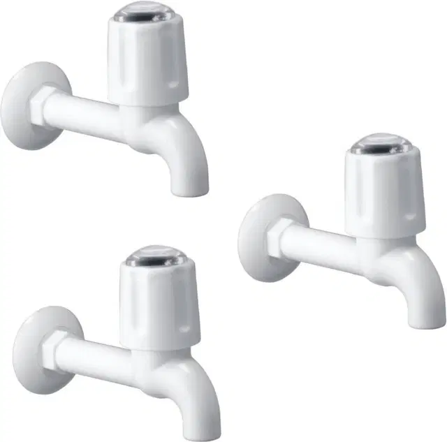 Plastic Long Body Bib Cock Tap with Wall Flange, White, Set of 3