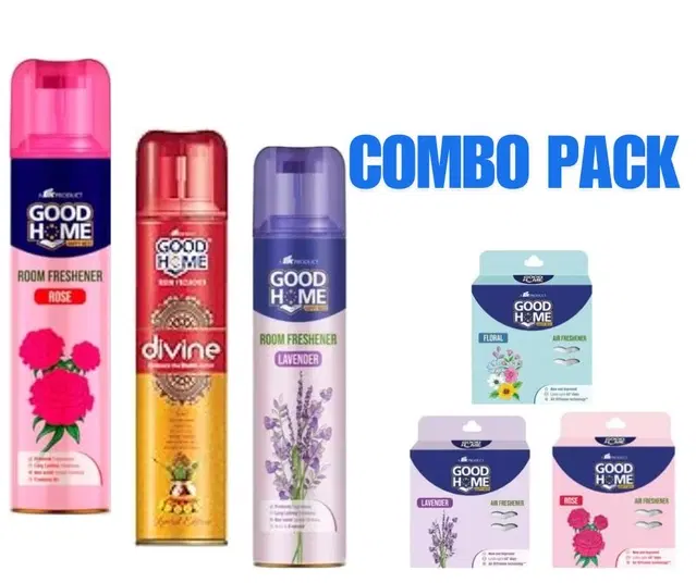 Combo of Goodhome Lavender, Divine & Rose Room Freshener, 130 g, Pack of 3 with 3 Pcs Free Hanging Sachet, Set of 6