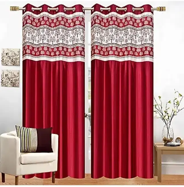 Polyester Patch Worked Window & Door Curtains, Pack of 2, Maroon, 5 feet