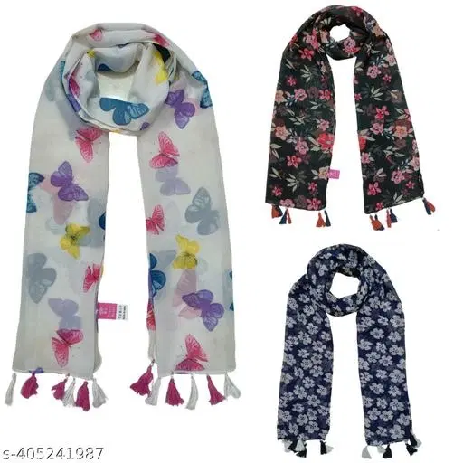 Poly Chiffon Printed Scarves for Women, Pack of 3 (Multicolor, 1.75 m)