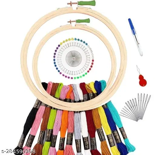 Qroof Embroidery Materials Beginners Starter Kit(Sizes: 8 & 6 Inches Hoop), 14 Multicoloured Threads,15 Different Needles, 1 Threader , 1 Seam Ripper A complete pack set