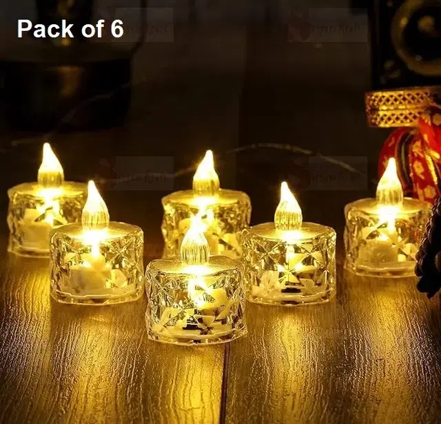 6 Pc Crystal Acrylic Flameless and Smokeless LED Tealight Candles| Battery Candles for Decoration Perfect for Diwali (Pack of 6, Yellow)