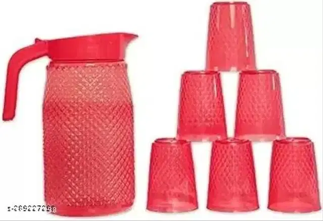 Plastic Jug with 6 Pcs Glass, Red, Set of 2