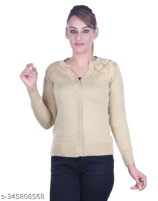 Acrylic Solid Sweater for Women (Beige, M)