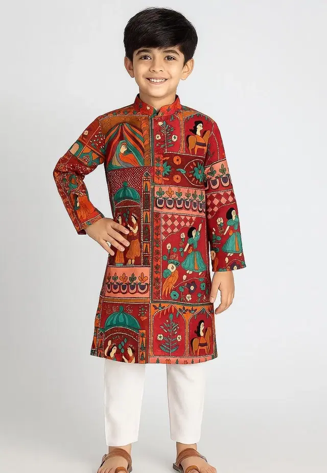 Cotton Blend Printed Kurta with Payjama for Boys, Red & White (0-3 Months)