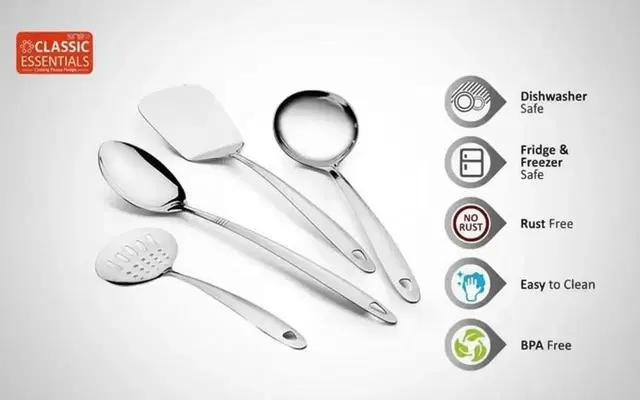 Classic Essentials Stainless Steel Serving Spoon, Silver, Set of 4