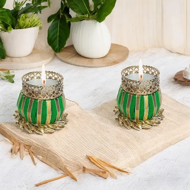 Metal Designer Tealight Candle Holder, Green, 5x5x6 cm, Pack of 2