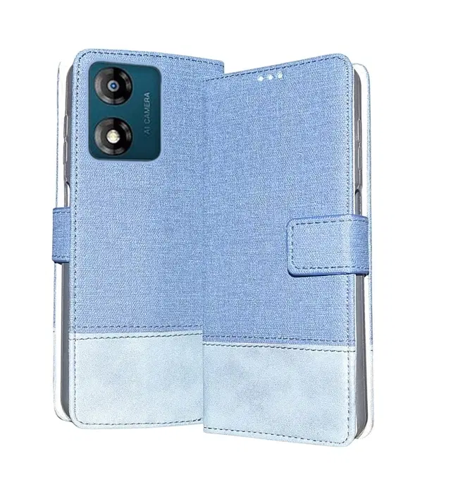 Artificial Leather Flip Cover For Motorola Moto E13, Blue