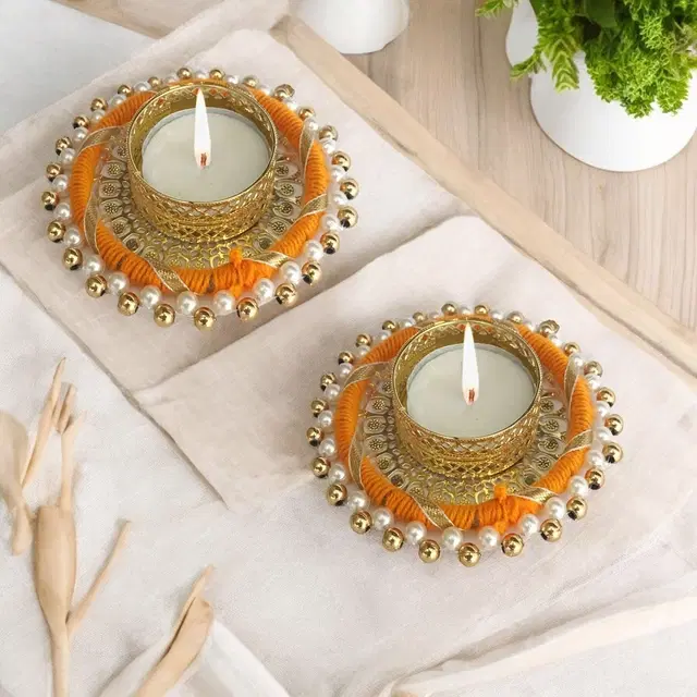 Metal Designer Tealight Candle Holder, Orange, 9x8x1.8 cm, Pack of 2