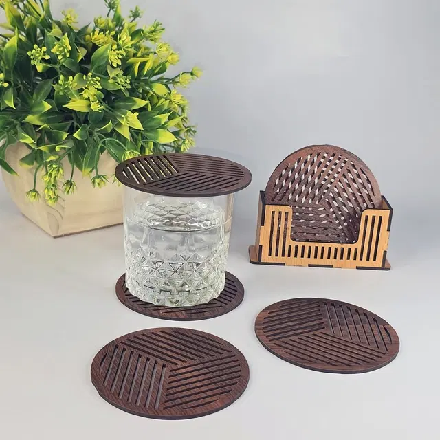 MDF Wooden 6 Pcs Coasters with Stand, Brown, Set of 1