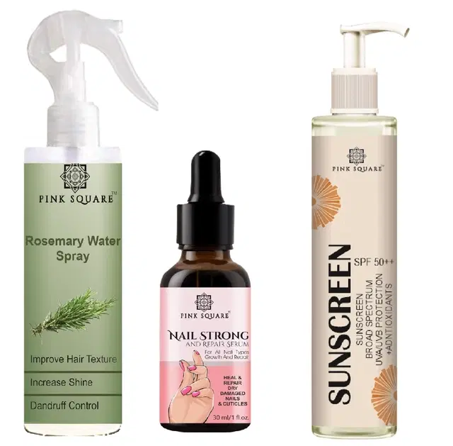 Pink Square Rosemary Hair Spray, 100 ml with Nail Strong & Repair Serum, 30 ml & Spf Sunscreen Lotion, 100 ml, Set of 3