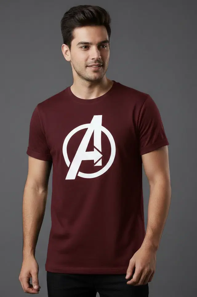 Cottont Blend  Printed T-shirt For Men, Maroon (S)