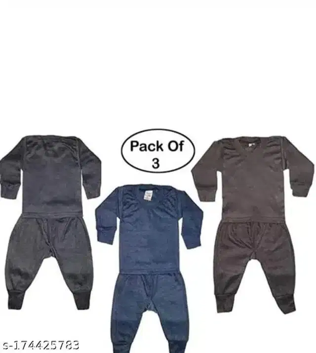 Cotton Thermal Clothing Set for Kids, Set of 3 (Black & Navy Blue, 12-18 Months)