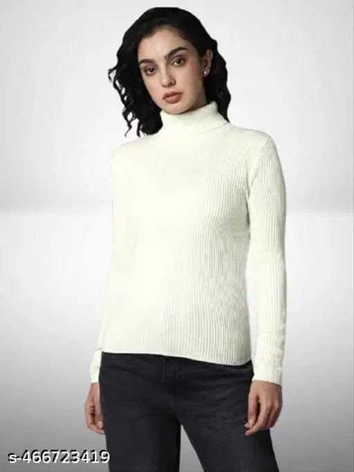 Wool Solid Hi-Neck Sweater for Women, White (XL)