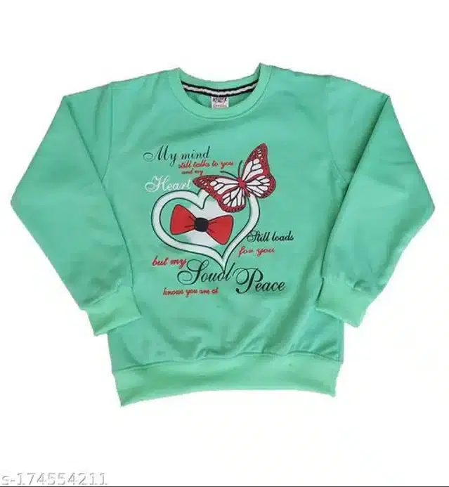 Fleece Printed Full Sleeves Round Neck Sweatshirt for Girls (Mint Green, 3-4 Years)
