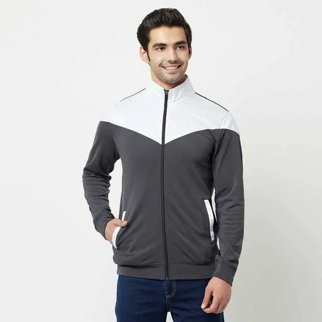 Glito Men Stretchable Regular Fit Gym Wear Jacket (Grey & White, M) (GI-16)