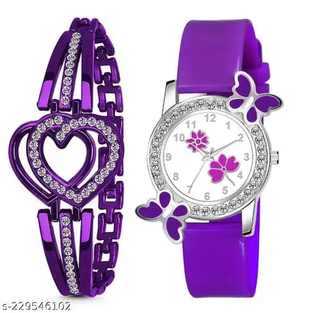 Analog Watch with Bracelet for Women, Set of 2 (Multicolor)