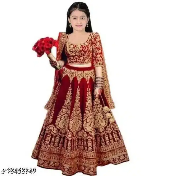 Velvet Semi Stitched Lehenga Choli for Girls (Red, 11-12 Years)